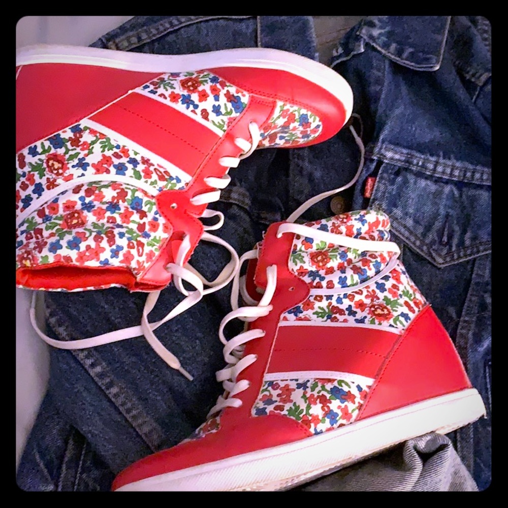 Red Floral Wedge Sneakers
